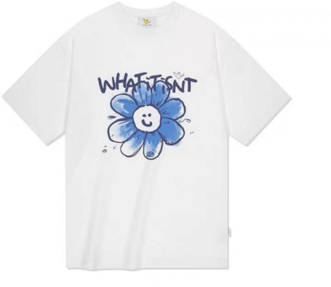 WHAT IT ISNT 韓國設計 大花小花刺繡短袖T恤 男女同款, 大花款-奶油（現貨）,M