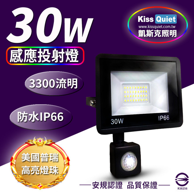 Kiss Quiet LED感應投射燈 50W 防水探照燈, 1個, 30W感應白光6000K(超取最多2組),含稅(請留言統編和公司名)