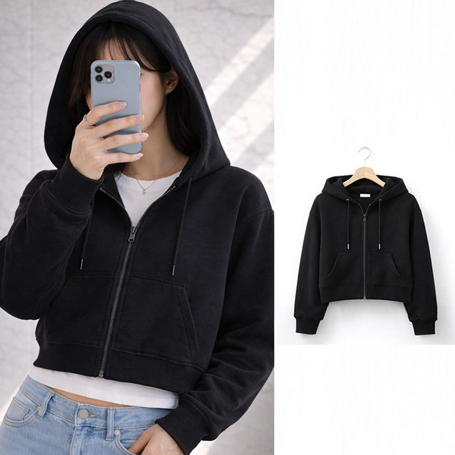 VERIT 크롭 집업 후드 자켓 루즈핏 여성 긴팔 숏 후드집업 VT920