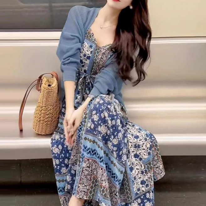 여성 투피스 가디건+롱원피스 잔꽃원피스 세트