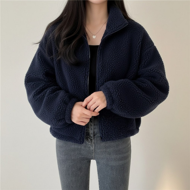 베르슈어 하이넥 양털 플리스 세미 크롭 집업 점퍼