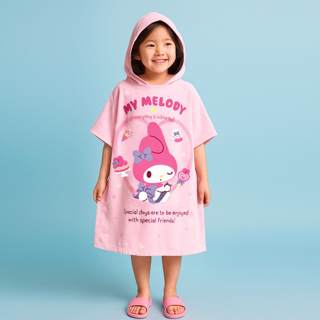 코지24 산리오 마이멜로디 비치타올 샤워가운 아동 어린이 키즈 아이 로브 목욕 물놀이 가운 대형 후드 비치타월 수영 목욕 수건 타월 비치 판초 수영장 배스로브 대형목욕타월