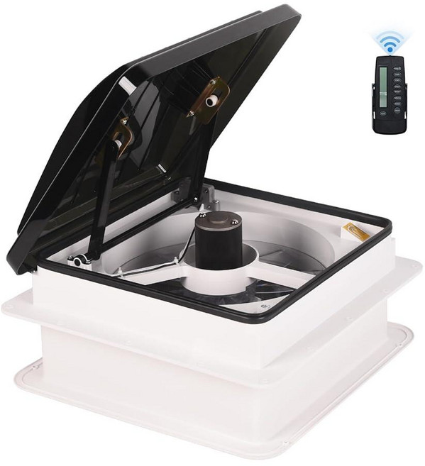 Doppy 35.6cm(14인치) RV 루프 벤트 팬 12V 벤트 팬 직경 30.5cm(12인치) 블레이드 흰색 뚜껑 포함 RV/트레일러/캠핑카용 4단 속도 공기 환기 천, High-End (with thermostat)