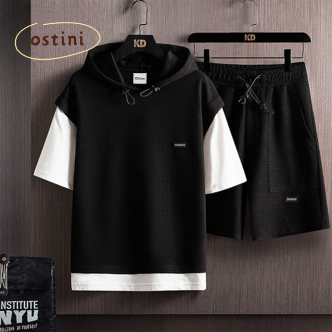 오스틱니 2026 남성 여름 후드 반팔 트레이닝 통기성 티셔츠+반바지 2종 세트