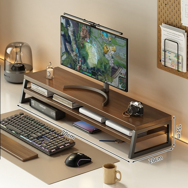 모니터 높이 조절 받침대 받침 듀얼 장모니터 나무, 1개, 이중층 월넛 70 20x15cm