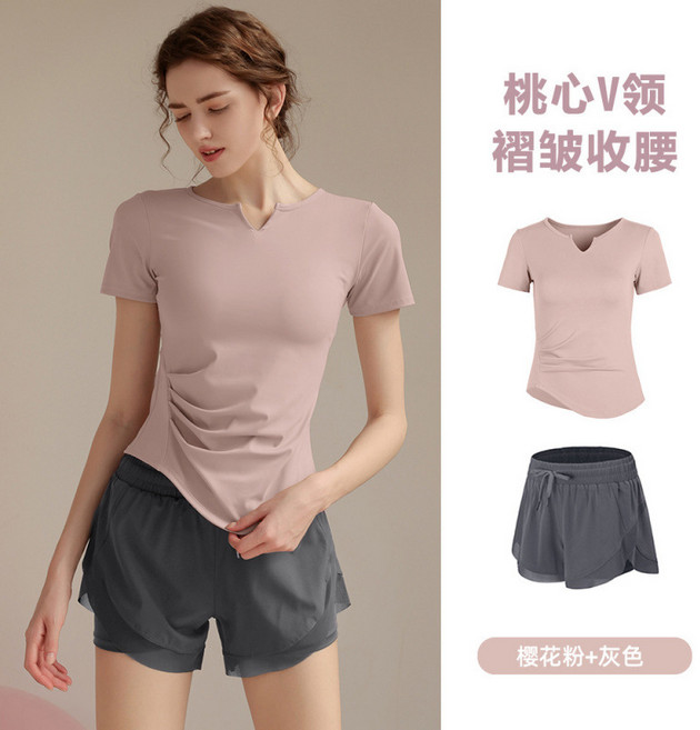 瑜伽服女普拉提訓練健身上衣2026新款運動跑步套裝短袖T恤櫻花粉+海巖灰M
