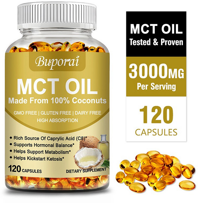 MCT 오일 - 1회 제공량당 3000mg - 100% 유기농 코코넛으로 제조 - 비GMO 냉간 압착 팔레오 친화적 캡슐 - 집중력 및 장 건강에 좋음, 1개, 60정