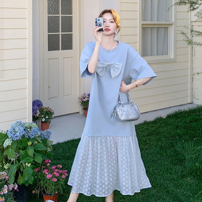 여성 빅사이즈 원피스 봄여름 루즈핏 A라인 코튼 쉬폰 배색 롱원피스