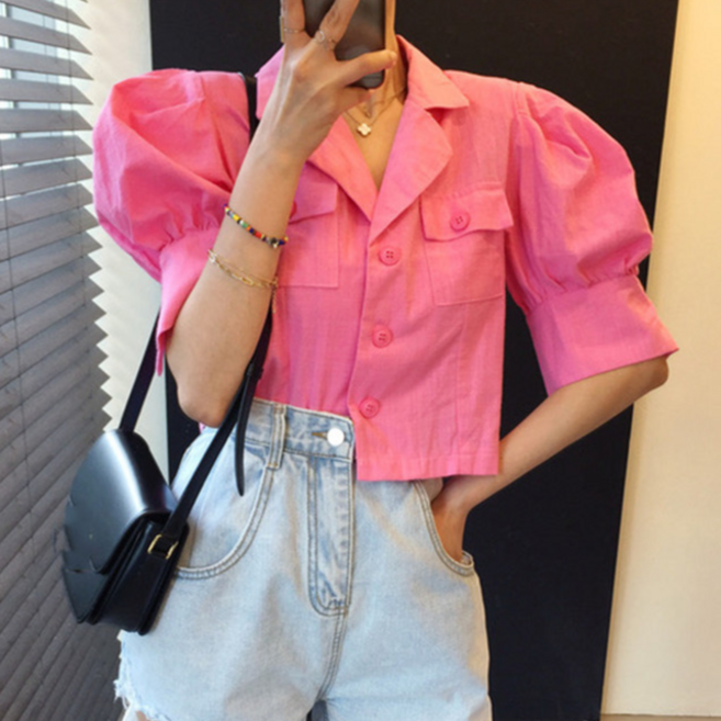 여성 반팔 자켓 퍼프소매 린넨자켓 어깨패드 크롭자켓