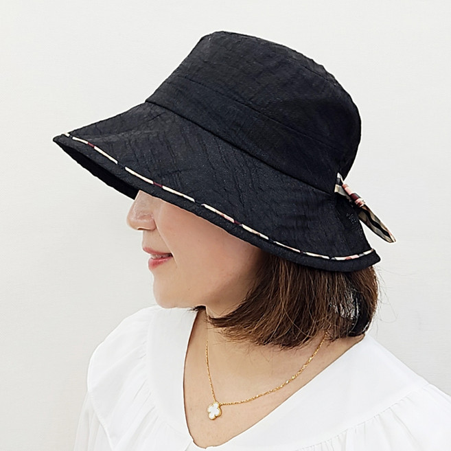 체크 라인 포인트 리본 여성 쿨 벙거지 모자