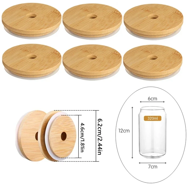 62/68/70/86mm 6 팩 나무 메이슨 항아리 뚜껑 재사용 가능한 캐닝 넓은 입 호환, 02 62mm with hole