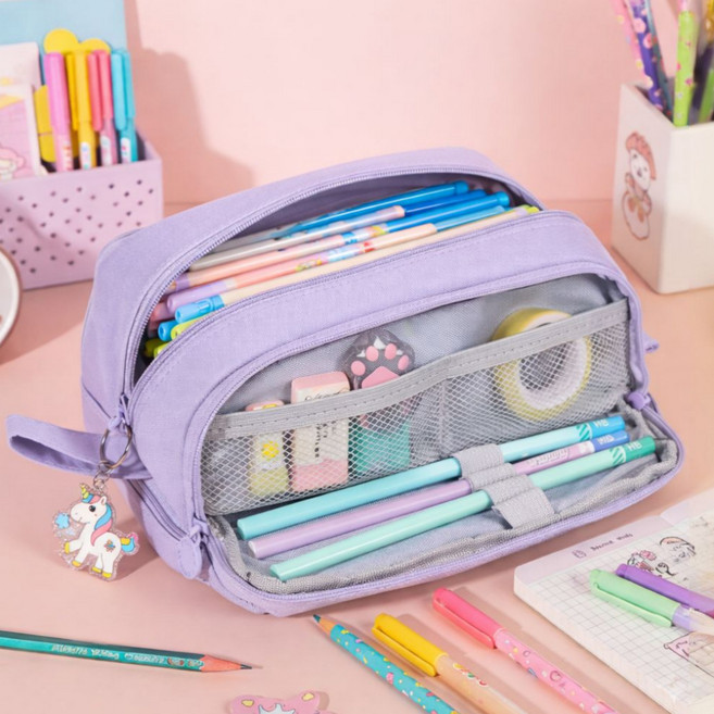 스테포나 대용량 2단 필통 확장형 파우치형 학생 펜파우치, 1개, 퍼플