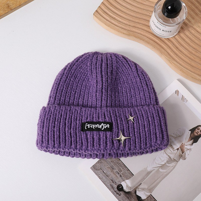 니트 비니 여 추동 보온 별무더기 모자 한국판 와일드 쿨캡 귀마개 커플모자, 보라색