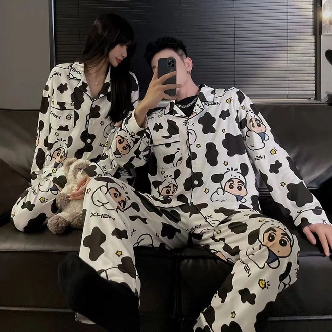 日系情侶長袖睡衣套裝 春秋季學生家居服男女