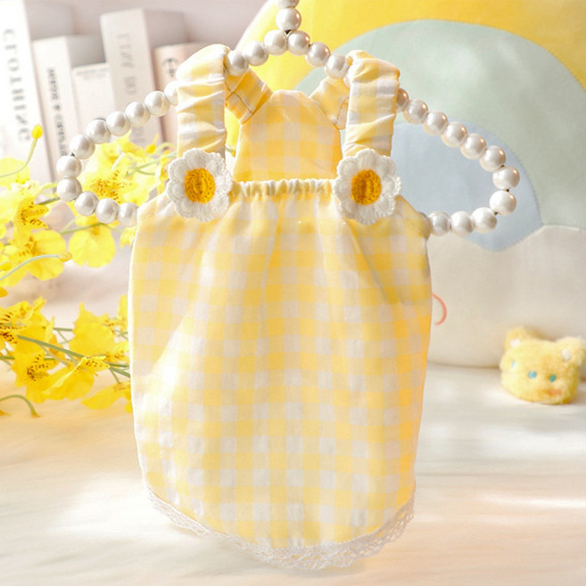 반려동물 옷 얇은 체크 끈나시, 1개, 노란