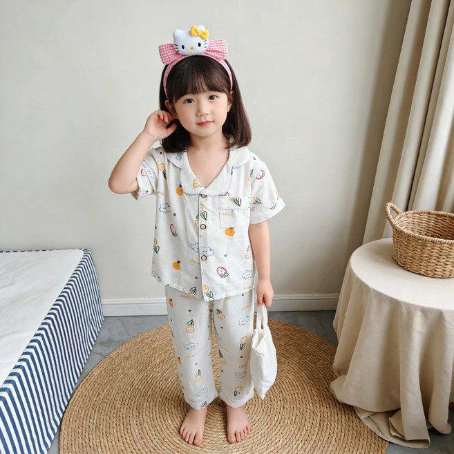 BEN SON 兒童翻領短袖睡衣套裝 夏季薄款開衫家居服