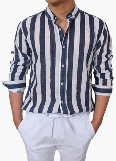 라스토케 남자 린넨 셔츠 와이드 스트라이프 긴팔셔츠