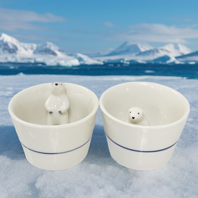 인무드 북극곰 사케잔 세트 이쁜 도자기 술잔 입체 소주컵 다기 찻잔 집들이 선물, 2개, 화이트
