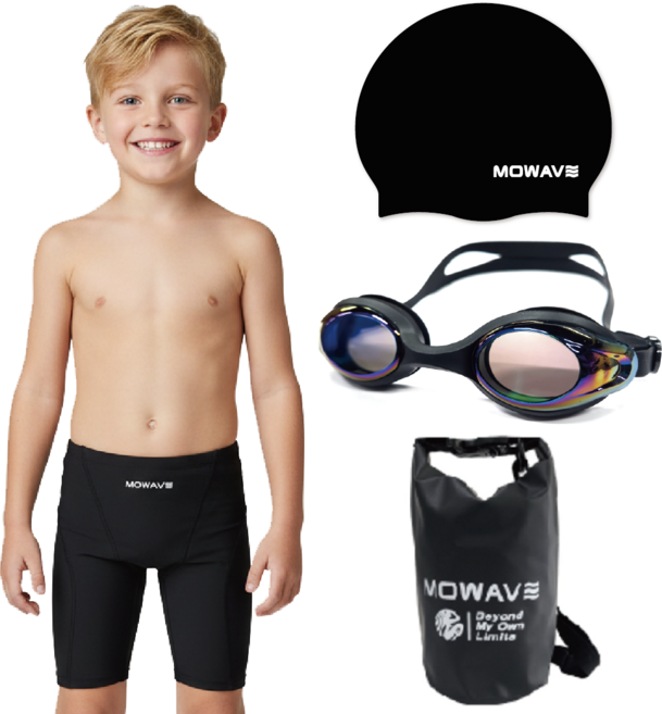 국내제작 모와비 남아동 실내 수영복 4종세트 UV차단 미러 코팅 수경 실리콘수모 방수 드라이백