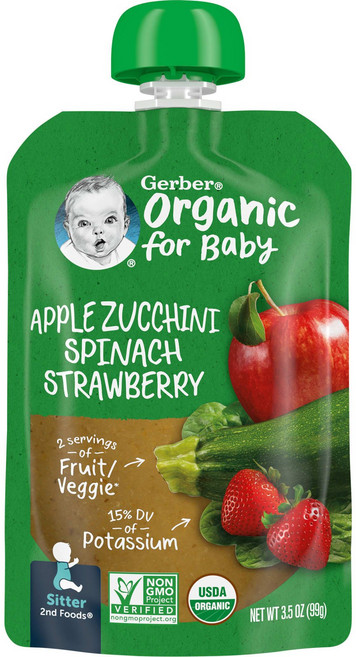 Gerber 오가닉 포 베이비 2nd Foods 사과 주키니 시금치 딸기 99g(3.5oz) Gerber (거버), 1개, 99g
