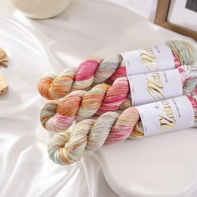 100g/롤 얇은 그라디언트 색상 텐셀 스팽글 여름을위한 손으로 염색 한 레이스 원사 목도리 스카프 300M 용, 02 Color 09, 1개