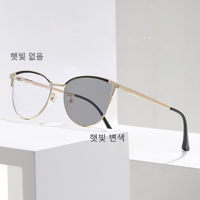 DZX 남녀공용 변색 블루라이트 자외선 차단 안경 오버사이즈 메탈 캣아이 선글라스 안경천+안경집