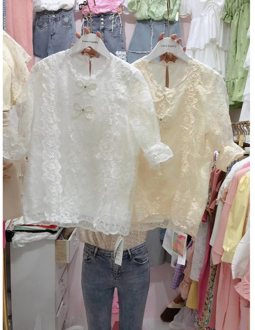 扉娜VINASHOP 蕾絲珍珠水鑽蝴蝶結宮廷風花邊造型襯衫上衣