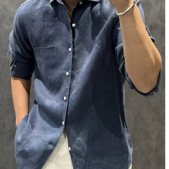 輕奢亞麻長袖翻領襯衣男士2024夏季新款潮流寬鬆棉麻休閒襯衫白色