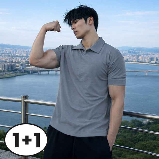 [5시건 당일출고] FOOI 1+1 남자 머슬핏 반팔 카라티 배여유핏 헬스 데일리 링클프리 스판 티셔츠