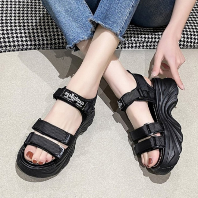 다플 여성 통굽 찍찍이 샌들 미들굽 벨크로 스포츠 스포티