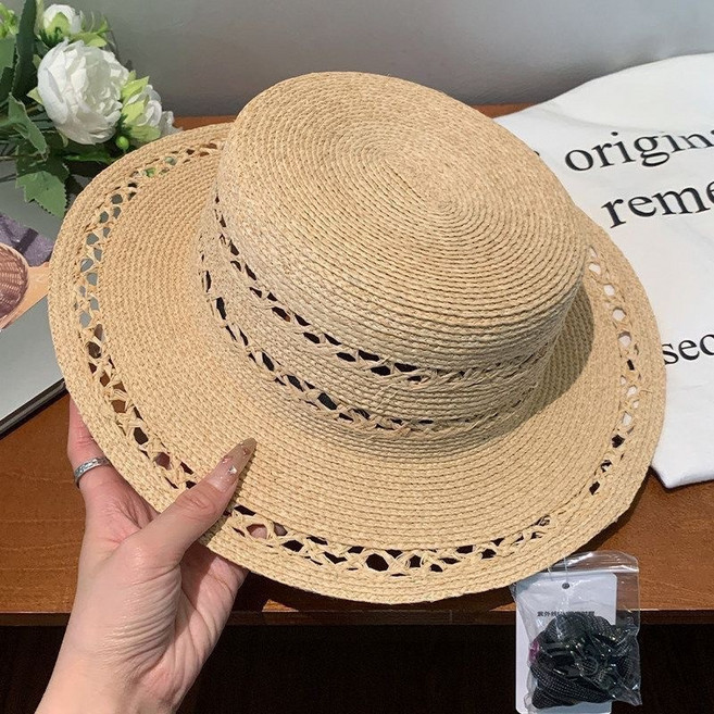 新款鏤空平頂拉菲草帽女夏季新款海邊沙灘遮陽帽法式優雅草編禮帽