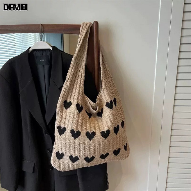 DFMEI 草編包海灘黑條紋新款休閒夏天單肩包時尚托特百搭包女士揹包, 愛心包-卡其