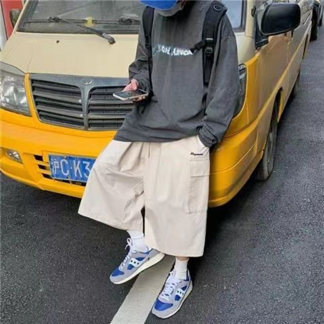 日系工裝七分褲 寬鬆刺繡設計 顯瘦六分褲 大碼男