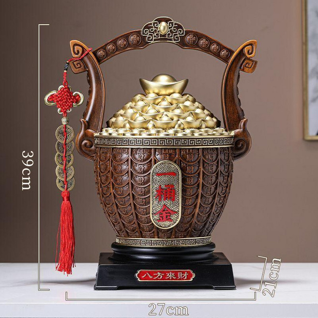聚寶盆擺件, 大號一桶金聚寶盆擺件-木色, 1個