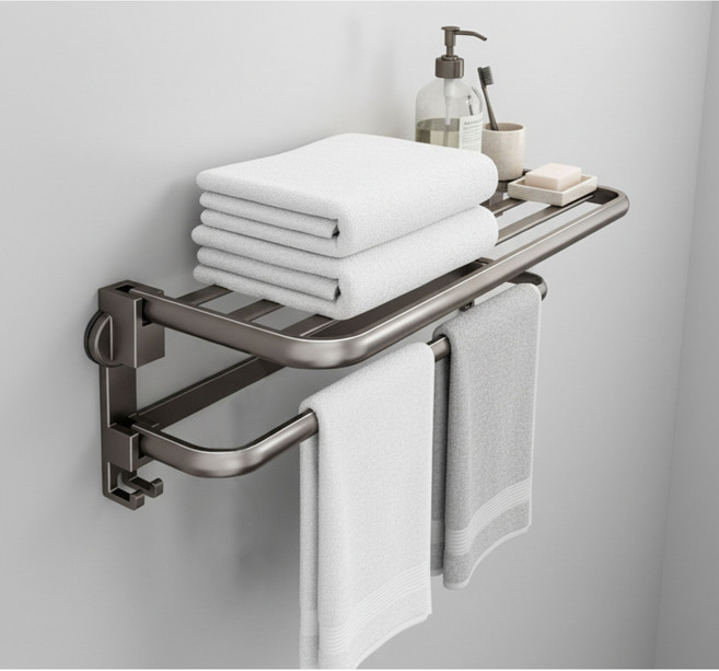 아이착 무타공 메탈 2단 듀오 수건걸이 50cm 강력흡착식 다용도걸이 욕실선반, 그레이, 1개