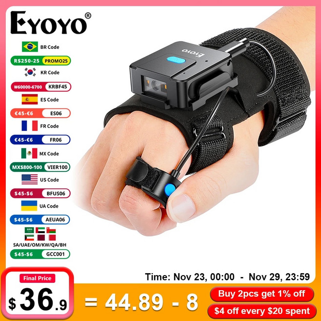 바코드 스캐너 리더기 Eyoyo EY027 웨어러블 1D2D QR 코드 리더 휴대용 블루투스 손가락 트리거 버튼 추가 접두사접미사, 2.EY027L 1D Scanner, 1개
