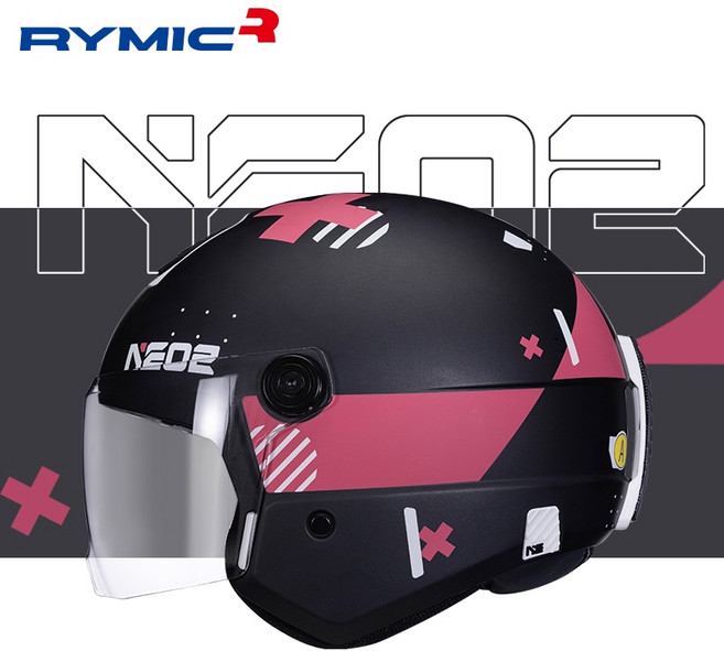 RYMIC NE02 半罩式安全帽 3C認證 可拆洗內襯, 消光黑紅穿越,L(57-58)CM（標配透明鏡片）