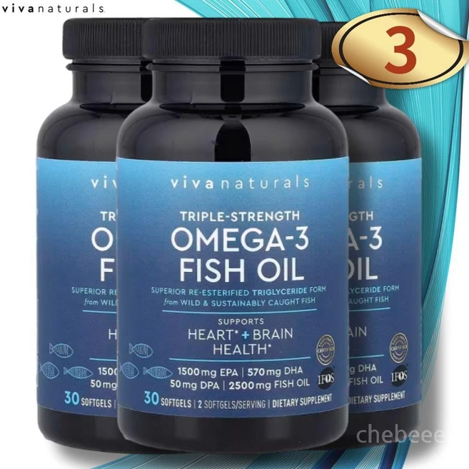 비바내추럴 오메가3 피쉬 오일 트리플 스트랭스 2500mg 30정 3병 EPA DHA - 쿠팡