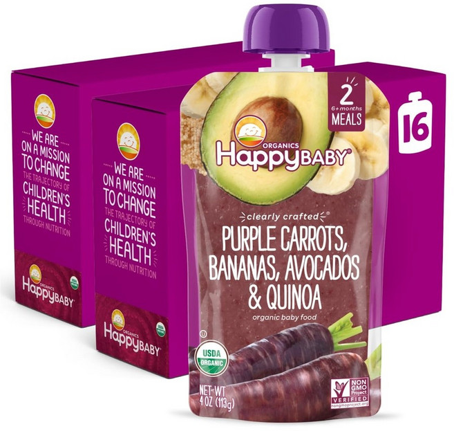 Happy Baby 해피베이비 이유식 파우치 2단계 바나나 라즈베리 오트밀 113g 16개, 1