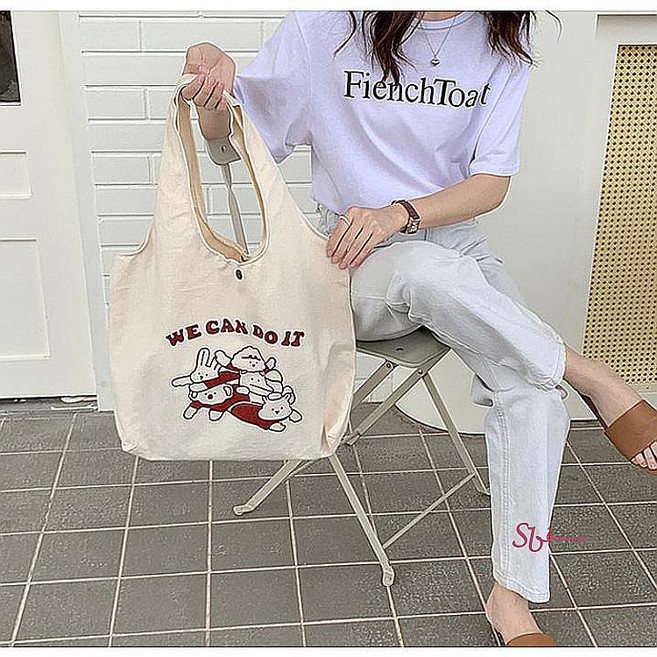 에코백 캐릭터 여성 숄더 리사이클링 여자 캔버스 학원 가방 여름 보조 가벼운 여학생 위캔두잇hku736