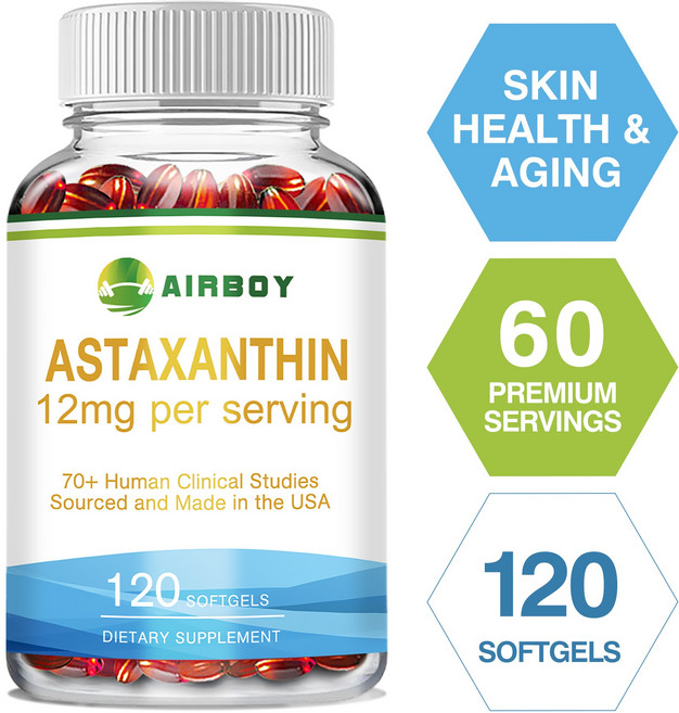 아스타잔틴 12mg 최대 강도(70회 이상의 인체 임상 시험을 거친 특허받은 유일한 아스타잔틴(아스트라리얼) - 세계에서 가장 많이 연구된 브랜드) 재배 수확, 3개, 60정