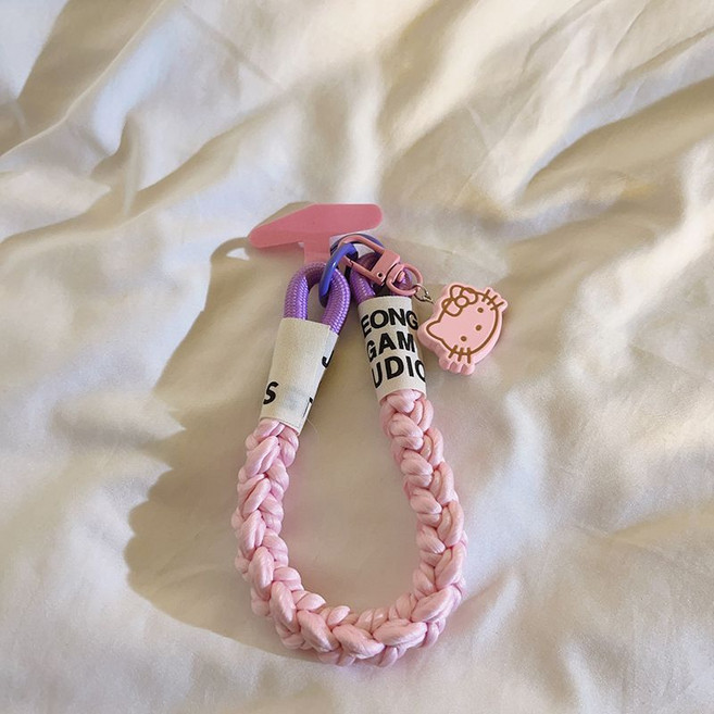 可愛立體KT貓掛件編織尼龍腕帶手機繩, 1個, 立體粉色KT貓+JH55粉+粉三角