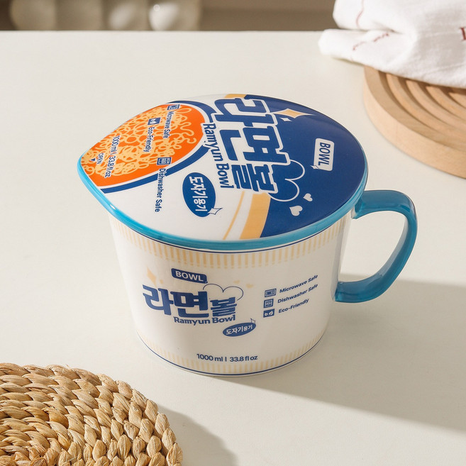 컵라면도자기 라면그릇 육개장 사발면 전용 손잡이 용기, 1세트, 진라면 블루