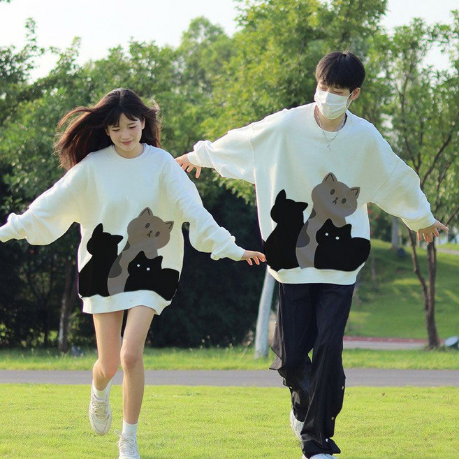 봄 가을 커플 맨투맨세트 루즈핏 라운드 맨투맨 커플티셔츠 캐주얼 커플 맨투맨 1+1 긴소매 상의 CJJ