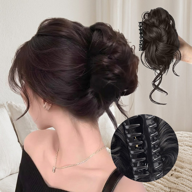 여성 똥머리 가발 집게핀 꽃봉오리 볼륨업 헤어피스 부분가발, 1개, 브라운블랙