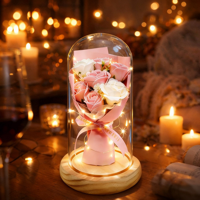 Novah 영생화 유리돔 장미 LED 무드등 비누꽃 로즈데이 선물용 메시지 카드 포함, 핑크