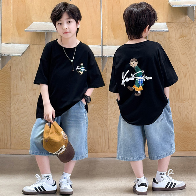 비비키드 주니어 상의 하의 세트 남아 여름 세트 초중생 모자쓴 남자 캐릭터 반팔티 데님 반바지 초등생 상하세트 (8211)