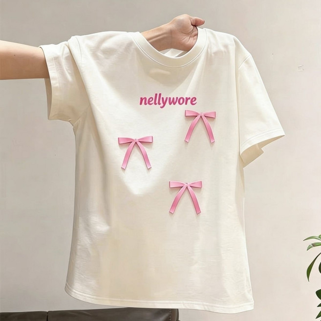 해피유통 여성 봄여름 귀여운 리본 반팔 티셔츠 패셔너블 캐주얼 디자인 디자인14세 이상