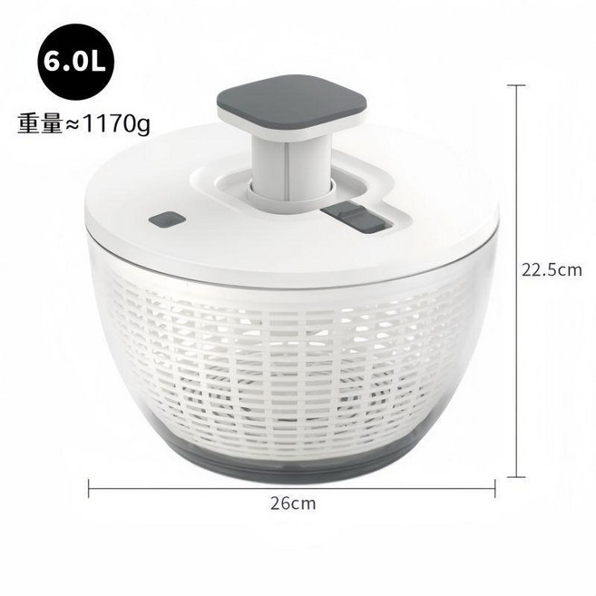 按壓式 6L 大容量果蔬脫水器 手動沙拉甩幹機 瀝水籃, 1個, N/A