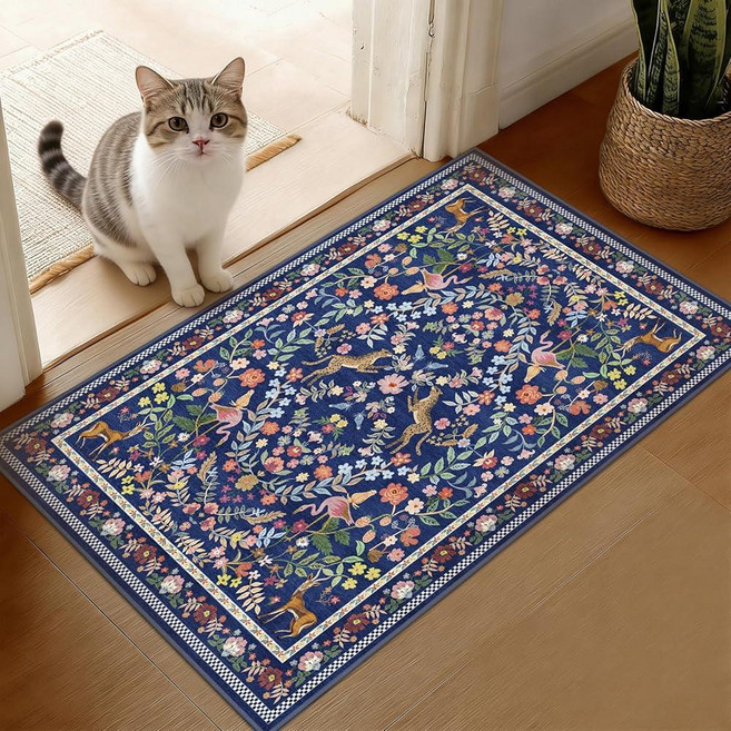 Acetiamin 2x3 Entryway Rug Machine Washable Non-Slip Vintage Animal Floral Small Rug Low Pile In